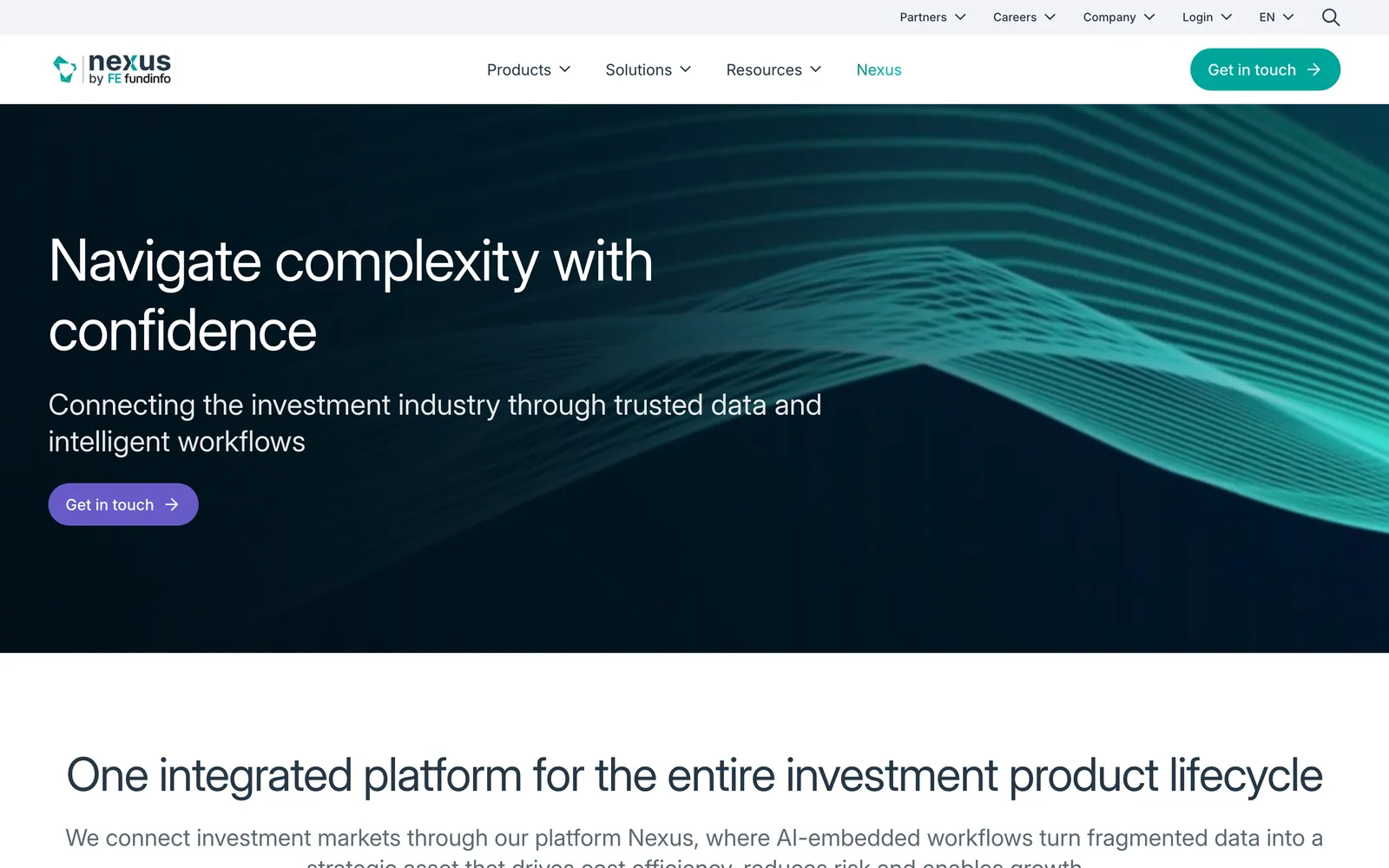 FE fundinfo's homepage: 'Navigate complexity with confidence' over a teal wave, under the Nexus by FE fundinfo menu