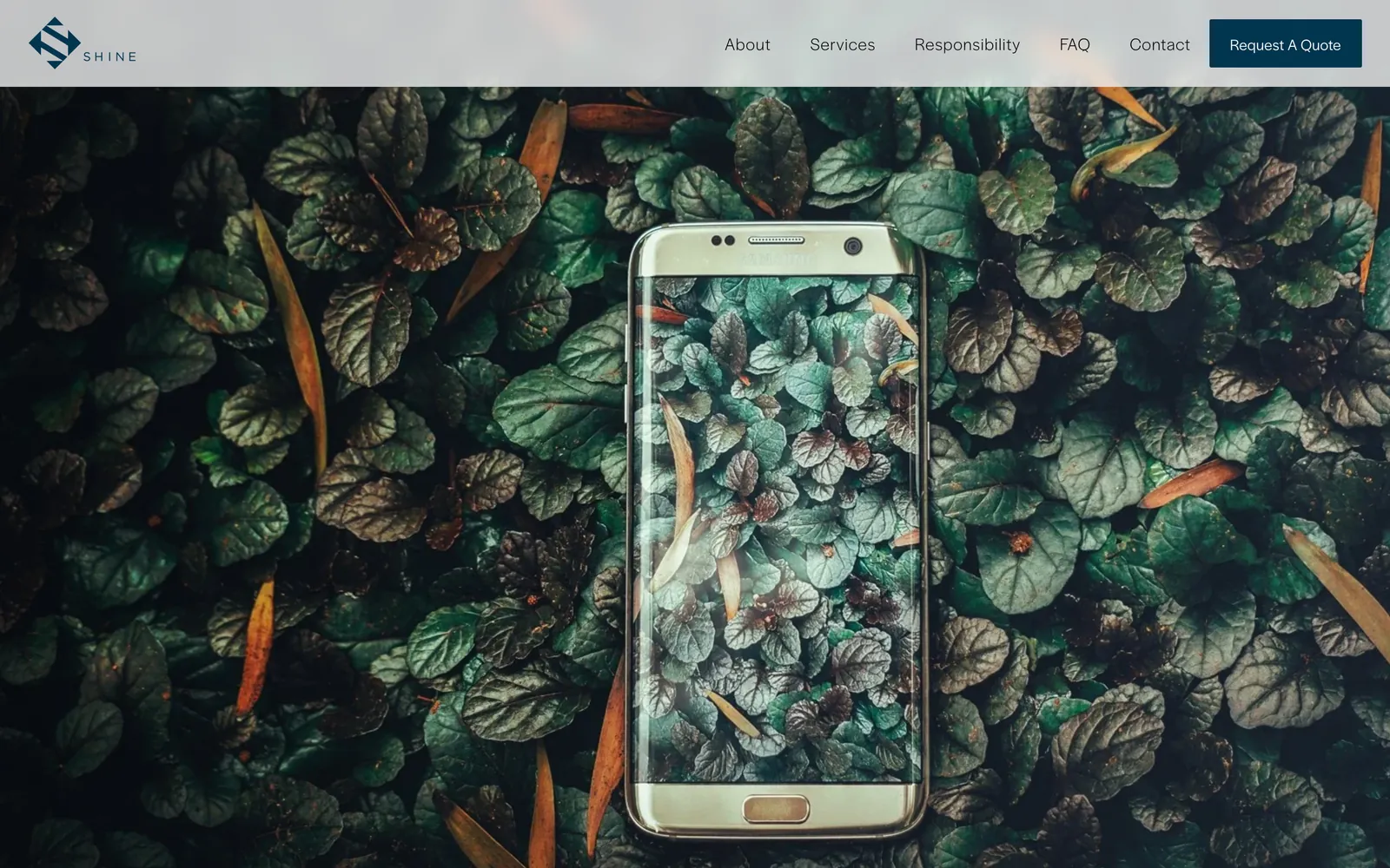 Shine Electronics' homepage: a smartphone lying in green leaves, under the menu and a 'Request a quote' button