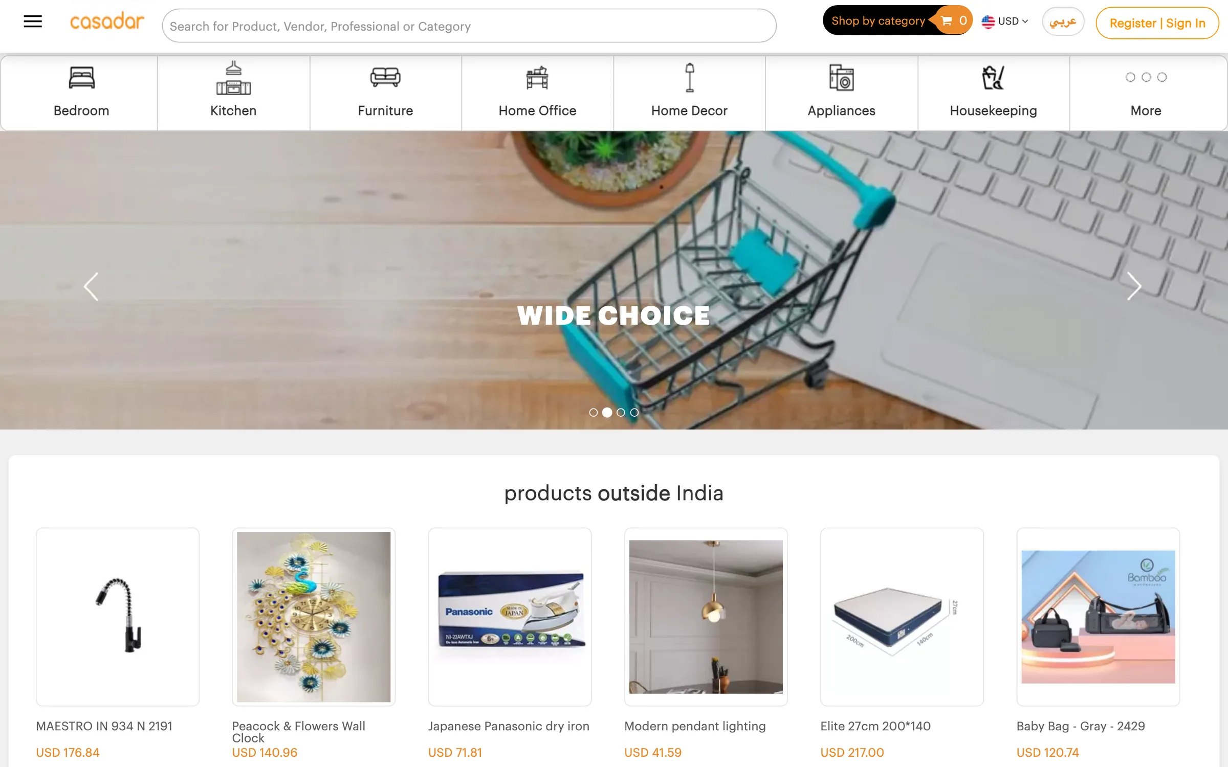 Casadar homepage on desktop: a search bar for products, vendors and professionals, category icons for bedroom, kitchen, furniture, home office, décor, appliances and housekeeping, a living-room banner and a row of products