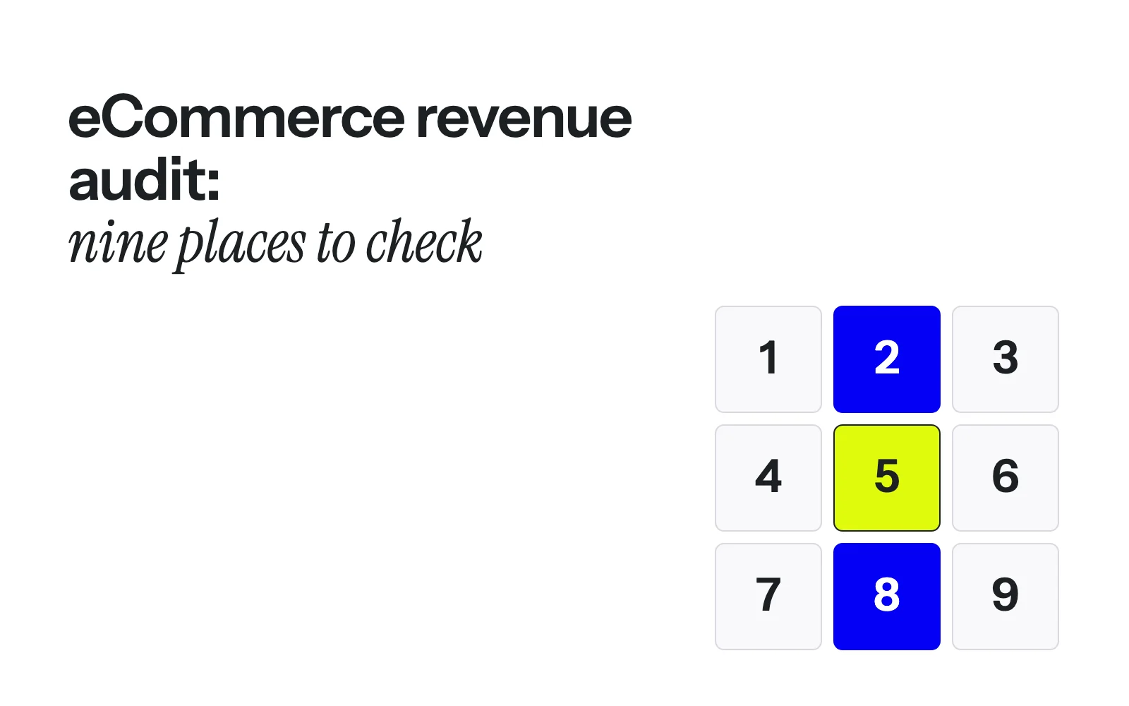 Nine numbered checks from product questions to tracking, with options, reorders and checkout marked