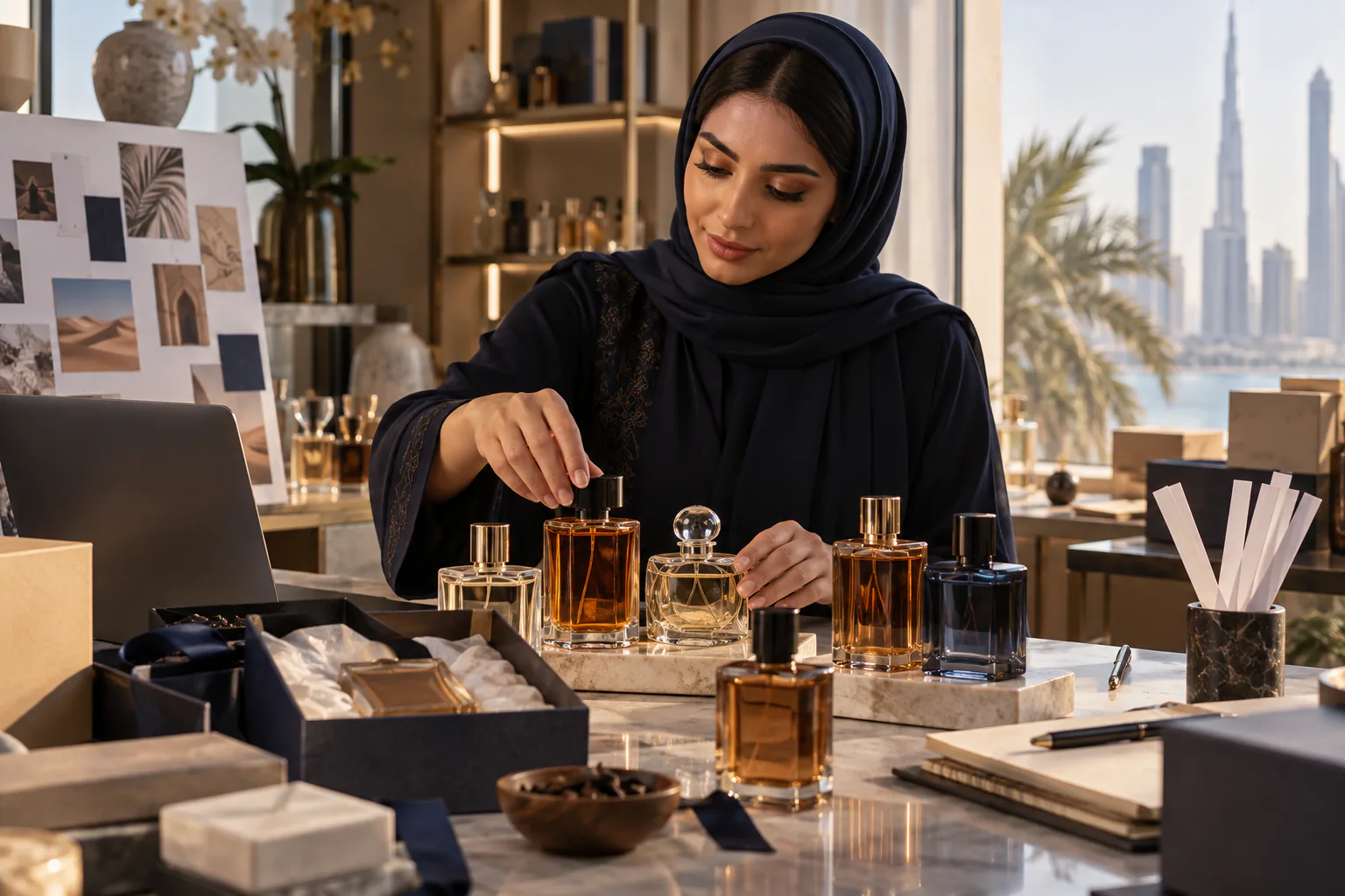 Fragrance merchandiser arranging an unbranded perfume collection in a Gulf-region studio