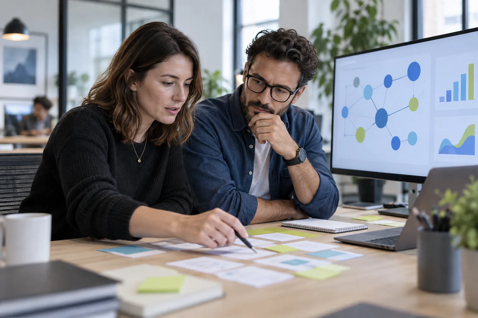 Two SaaS professionals mapping content and search architecture in a modern office